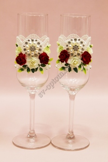 Свадебные бокалы ручной работы с брошками и цветами арт. 0454-718
