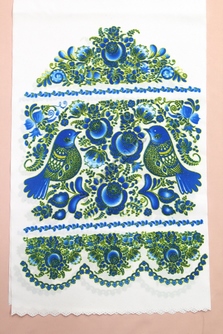 Рушник свадебный с сине-зелено-золотым рисунком (птички и цветы). Длина 150 см, ширина 35см. арт.070-443
