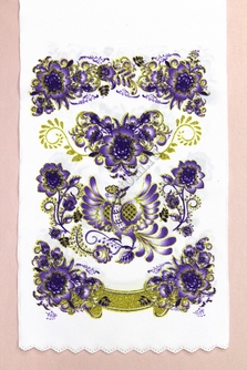 Рушник свадебный с рисунком фиолетовый с золотом (птица и цветы). Длина 120 см, ширина 25см. арт.070-477