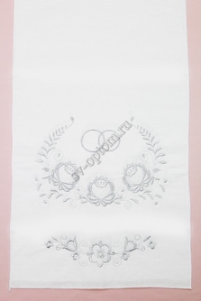 Рушник свадебный с натурального хлопка с серебряной вышивкой с цветочками и кольцами арт.070-490