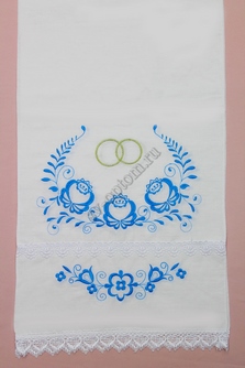 Рушник свадебный с натурального хлопка с синей вышивкой с цветочками и кольцами арт.070-499