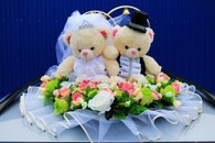 Свадебные кольца на машину мишки с айвори, салатовыми и розовыми розами арт. 122-033