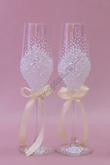 Свадебные бокалы с бисером, жемчугом и бантиками айвори арт. 0454-730