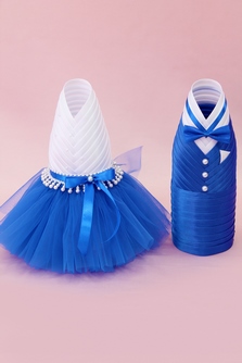 Украшение на шампанское (одежка) бело-синяя с фатиновой юбкой (любой цвет под заказ) арт.047-283