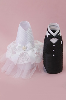 Украшение на шампанское (одежка) черно-белая с фатиновой юбкой и кружевом (любой цвет под заказ) арт.047-291