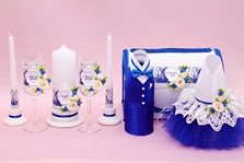 Свадебный набор аксессуаров ручной работы на стол в синем цвете, см. Подробнее арт.053-338