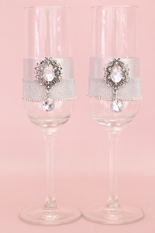 Свадебные бокалы ручной работы серебристо-серые с брошками арт.0454-740