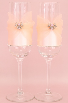 Свадебные бокалы ручной работы персиковые с фатином и атласом арт.0454-742