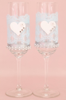 Свадебные бокалы ручной работы голубые с кружевом и сердечками из дерева арт.0454-746