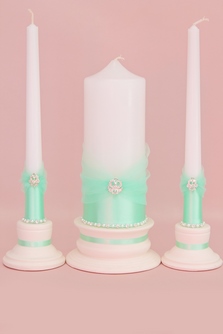 Свадебные свечи для семейного очага салатовые с фатином, атласом и брошками арт.062-338