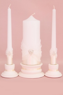 Свадебные свечи для семейного очага айвори с фатином, атласом и брошками арт.062-340
