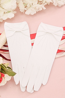 Свадебные перчатки с пальцами белые, украшенные стеклярусом, длина 22см,арт. 025-031