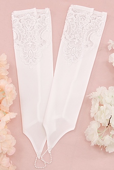 Свадебные перчатки айвори с кружевом, пайетками, бисером и стеклярусом, длина 42см,арт. 023-530