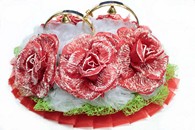 Свадебные кольца на машинус большими красными цветами, салатовой сеткой и красной органзой арт. 122-088