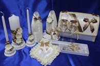 Свадебный набор шоколадный (свечи, бокалы, одежда на шампанское, сундучок, подушечка, ножи) арт.053-168