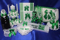 Свадебный набор зеленый (свечи, бокалы, свидетельство 19х26см, одежда на шампанское, сундучок, подушечка, ножи, подвязка) арт. 053-156