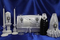 Свадебный набор белый, семейный очаг, свадебные бокалы, украшение на бутылки, семейный банк арт. 053-145