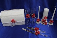 Свадебный набор красный, семейный очаг, свадебные бокалы, семейный банк, нож и лопатка арт. 053-133 (см. Подробнее)