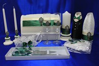 Свадебный набор зеленый, семейный очаг, свадебные бокалы, украшение на бутылки, семейный банк, нож и лопатка, подушка, подвязка арт. 053-111