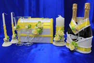 Свадебный набор желтый, семейный очаг, свадебные бокалы, украшение на бутылки, семейный банк арт. 053-115
