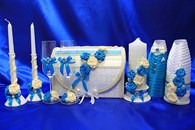 Свадебный набор голубой айвори, семейный очаг, свадебные бокалы, украшение на бутылки, семейный банк арт. 053-096
