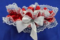 Подвязка для невесты атласно-кружевная красно-белая с белым бантиком арт.019-038
