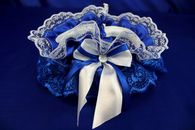 Подвязка для невесты кружевная сине-белая с сине-белым бантиком арт.019-014