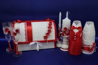 Свадебный набор красный, семейный банк, украшение на бутылки, семейный очаг, свадебные бокалы арт. 053-070