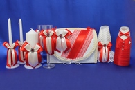 Свадебный набор красный, семейный банк, украшение на бутылки, семейный очаг, свадебные бокалы арт. 053-007