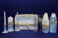 Свадебный набор голубой (Сундучок, Одежда на шампанское, Свечи, Бокалы, ) арт. 053-200