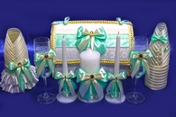 Свадебный набор тиффани-айвори (сундучок, одежда на шампанское, свечи, бокалы) арт. 053-211