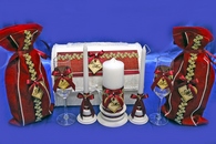 Свадебный набор бордовый (сундучок, одежда на шампанское, свечи, бокалы) арт. 053-219