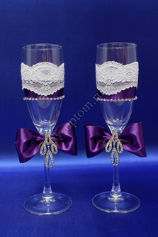 Свадебные бокалы  ручной работы с фиолетовыми бантиками арт. 0454-073