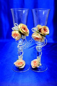 Свадебные бокалы  ручной работы с цветочками в персиковой гамме арт. 045-127