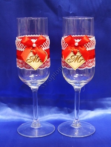 Свадебные бокалы ручной работы красные с сердечками арт. 045-640