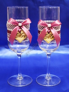 Свадебные бокалы ручной работы малиновые с сердечками арт. 045-637