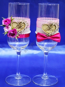 Свадебные бокалы ручной работы малиновые с сердечками арт. 045-644