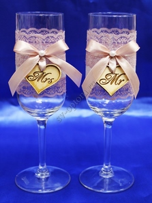 Свадебные бокалы ручной работы пудра с сердечками арт. 045-638