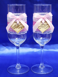 Свадебные бокалы ручной работы розовые с сердечками арт. 045-641