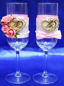 Свадебные бокалы ручной работы розовые с сердечками арт. 045-643