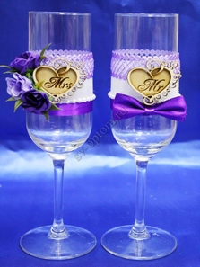 Свадебные бокалы ручной работы фиолетово-белые с сердечками арт. 045-645