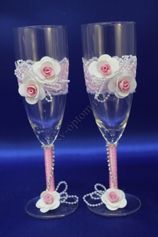 Свадебные бокалы  ручной работы с бело-розовыми розочками арт. 1045-049