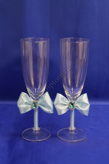 Свадебные бокалы  ручной работы с голубыми бантиками арт. 045-035
