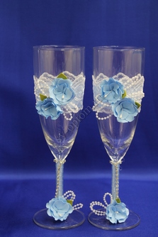 Свадебные бокалы  ручной работы с голубыми цветочками арт. 045-031