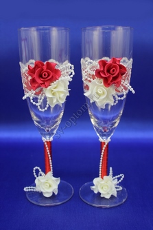 Свадебные бокалы  ручной работы с красными и белыми розочками арт. 045-037