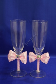 Свадебные бокалы  ручной работы с розовыми бантиками арт. 045-034