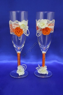 Свадебные бокалы  ручной работы оранжевые арт. 045-005