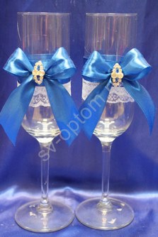 Свадебные бокалы ручной работы с синим бантиком арт. 045-212