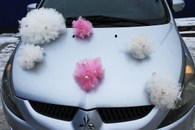Свадебные украшения на машину, круги на капот из розового и белого фатина арт. 119-083
