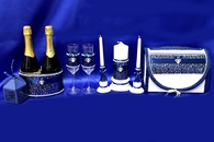Набор синий с паетками (сундучок, украшение на шампанское, свечи, бокалы) арт. 053-291